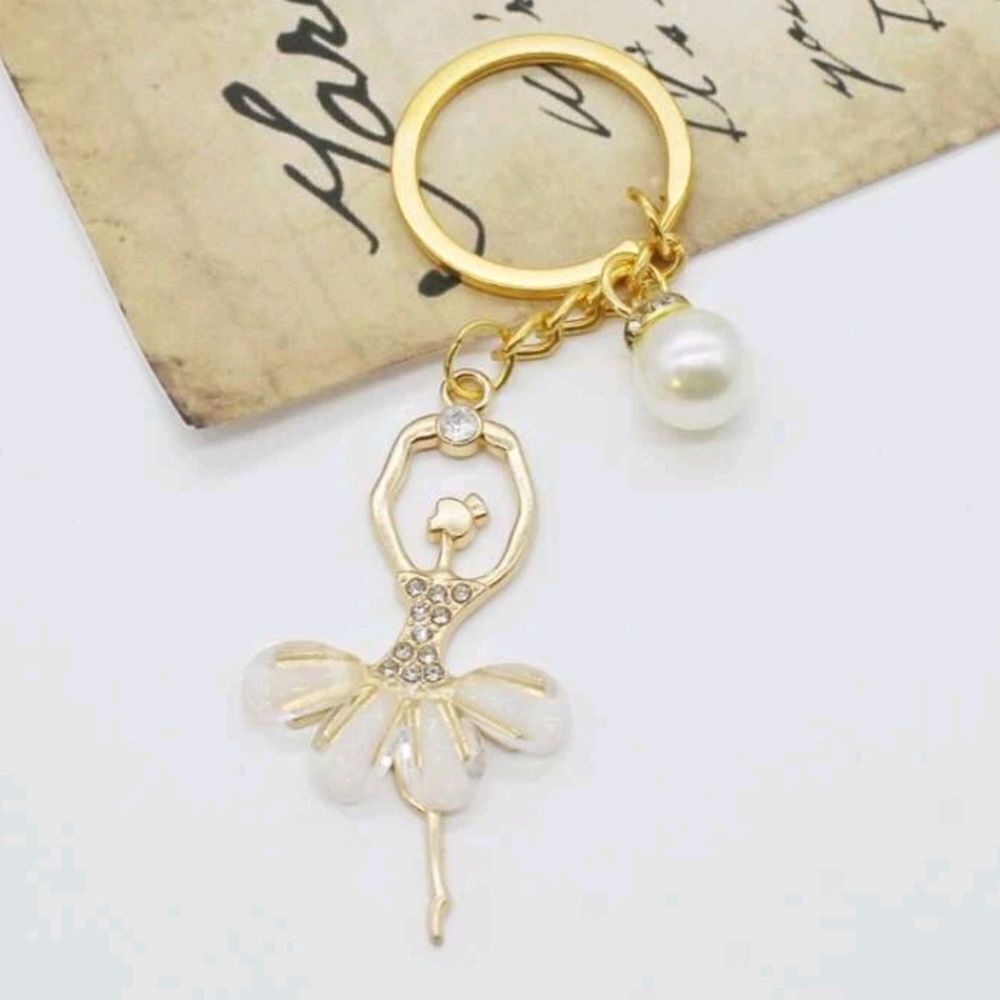 Elegant Gold and White Ballerina Keychain
